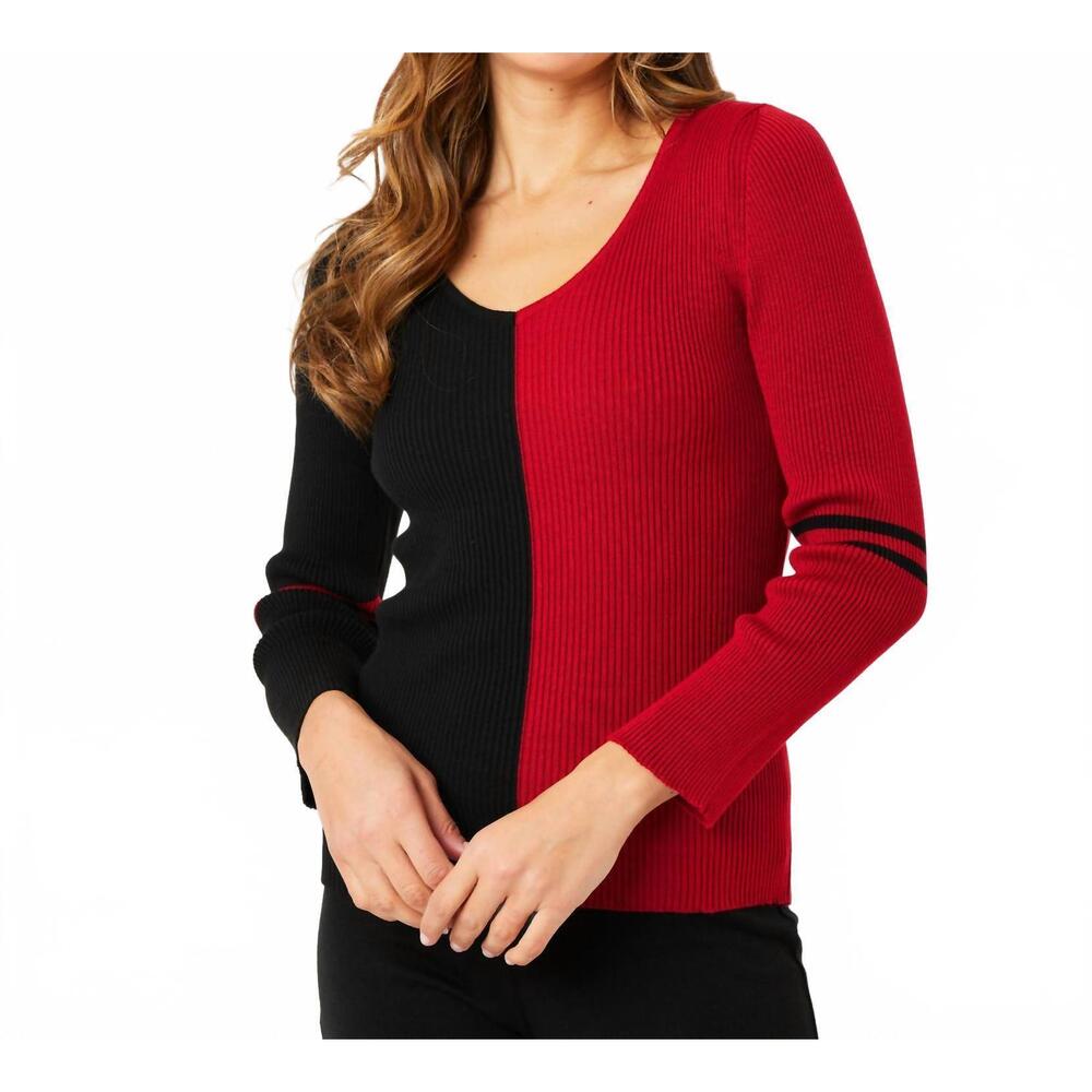 NEW ANGEL APPAREL v-neck ribbed sweater in black/red
